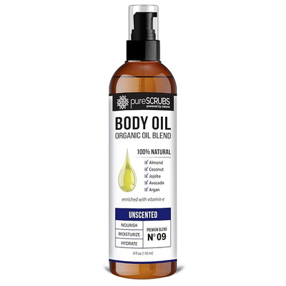 pureSCRUBS Ultra Moisturizing Unscented Body Oil Spray for Dry Skin, Massage, Stretch Marks, Organic Super Blend of Jojoba, Argan, Coconut, Sweet Almond & Avocado Oils Enriched with Vitamin E, Lg 4oz