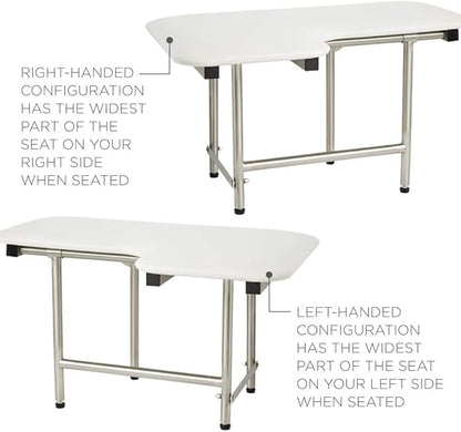 32" x 22.5" White Padded Wall Mount Folding Left-Handed Transfer Bench Shower Seat with Legs, ADA Compliant