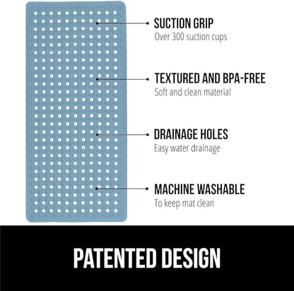 GORILLA GRIP Patented Bath Tub Shower Mat, Machine Washable Bathtub Floor Liner Mats, Suction Cups and Drain Holes to Keep Tubs Clean, Soft on Feet, Bathroom Essentials, 35x16 Inch, Sky Blue Opaque