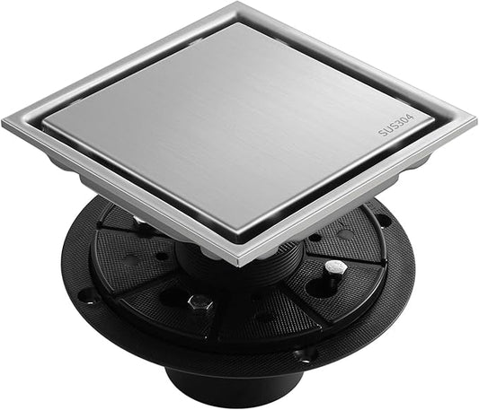 Hidden Brushed Square Shower Floor Drain, Silver 6 inch, 304 Stainless Steel, with Flange, Detachable Cover Embedded with Ceramic Tiles