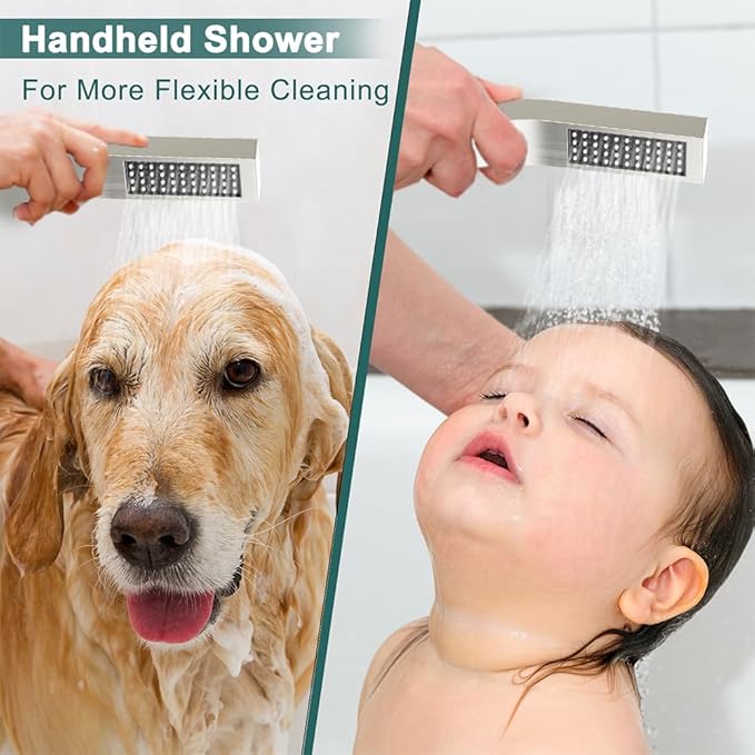 Rain Shower System Brushed Nickel, Starbath 12“ Rainfall Shower Head with Handheld Spray Complete Wall Mounted Rainfall Shower Faucet Set,2 Way Pressure Balance Shower Valve and Trim Kit Included