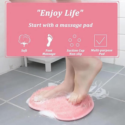 Shower Foot & Back Scrubber, Massage Pad with Suction Cups & Pumice Stone, Multi-Surface Silicone Bath Mat for Exfoliating and Massaging in Shower or Bathtub, 9.8x11.8 Inch (Beige)