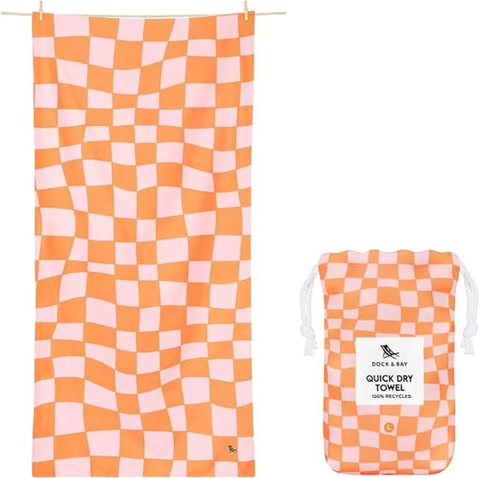 Dock & Bay Beach Towel - Quick Dry, Sand Free - Compact, Lightweight - 100% Recycled - Includes Bag - Groovy Check - Large (160x90cm, 63x35)