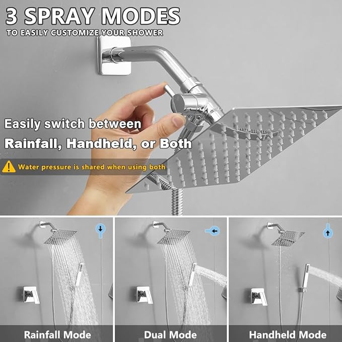 8 Inch Rainfall Shower Head and Handheld Spray Combo with 3-Way Diverter and Touch-Clean Nozzles, Rough-in Valve Body and Trim Included, Polished Chrome