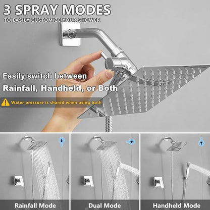 8 Inch Rainfall Shower Head and Handheld Spray Combo with 3-Way Diverter and Touch-Clean Nozzles, Rough-in Valve Body and Trim Included, Polished Chrome