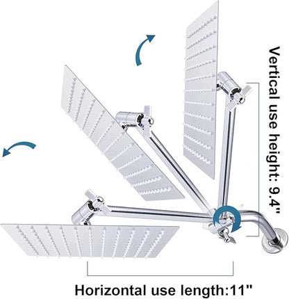 Heavy Duty Adjustable Shower Arm, 11" Brass Extension with Gear Lock Teeth & Swivel Nut, Strong Load Support, No Sagging, Keeps Shower Head Straight, Leak-Free, G1/2 Universal (Chrome)