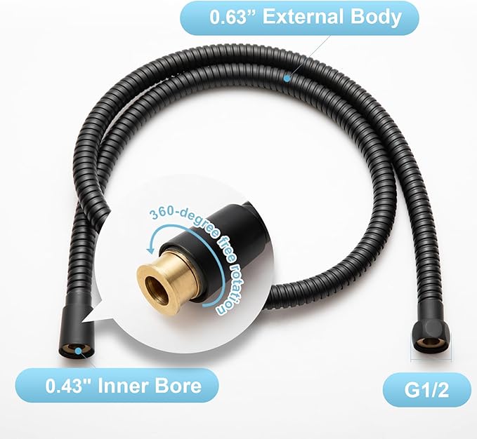 OFFO Shower Hose High Flow 0.43” Large Bore, 100 in Kink Free Stainless Steel Shower Head Hose Replacement G1/2”, Leak-proof Extra Long Flex Handheld for Pet Bathing Cleaning, Matte Black