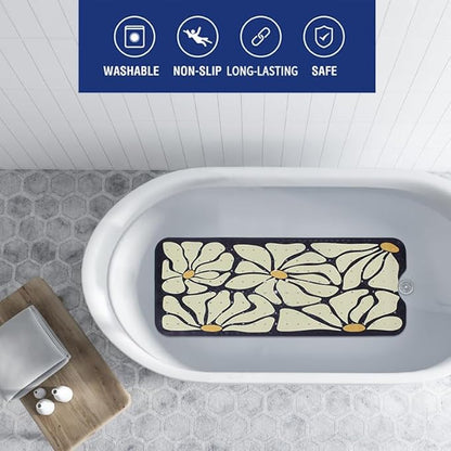Floral Bathtub Mat Non Slip for Kids Botanical Extra Long Anti Slip Bath Mat for Tub Abstract Flower Bath Shower Mat with Large Drain Holes and Suction Cups Quality Plant Design Bathroom Decor 40x16in