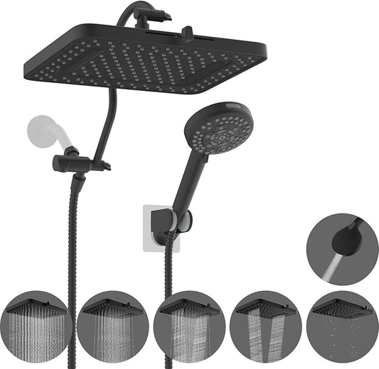 Hibbent cUPC Certified High Pressure 13'' Dual Shower Head Combo with 10-mode Handheld Spray, Rainfall 5-spray Shower Head, 12'' Adjustable Extension Arm, 71'' Hose, Showerhead Holder, Matte Black