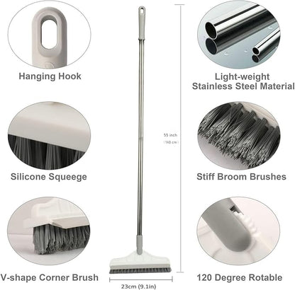 2 in 1 Floor Brush Scrubber with Long Handle Grout Brush 3 Poles 53.5'' New Upgrade Stiff Bristle Cleaning Scrub Brush with Squeegee 120°Rotating Tile Brush for Cleaning Bathroom Glass Patio Kitchen