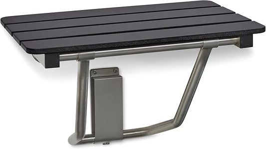 18-inch x 15-inch ADA Folding Wall Mount Bathroom Shower Seat Bench, Black Slatted Phenolic Seat