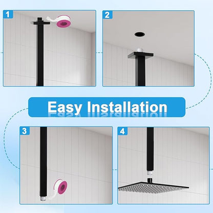 Ceiling Mount Shower Arm with Flange 20 Inches Square Straight Extender Extension Pipe Replacement, Long Shower Arm For Fixed Rain Shower Head or High Ceiling,Matte Black