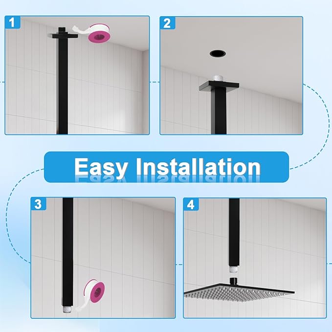 Shower Arm with Flange 24 Inches Ceiling Mount Square Straight Extender Extension Pipe Replacement, Extra Long Shower Arm For Fixed Rain Shower Head or High Ceiling, Matte Black