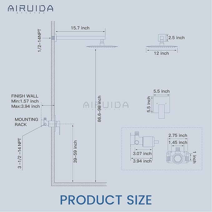Airuida Shower Faucet Set Bathroom Rain Shower System SUS304 Stainless Steel Single Handle With Male Threads Rough-in Valve Shower Trim Kit 12 Inch Wall Mount Shower Head Brushed Nickel