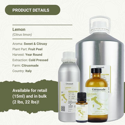 Lemon Essential Oil - Direct from Citrusmade Southern Italy - Cold Pressed - Aceite de Limón for Aromatherapy, Massage, Diffuser, DIY Candle and Soap Making - 2lbs