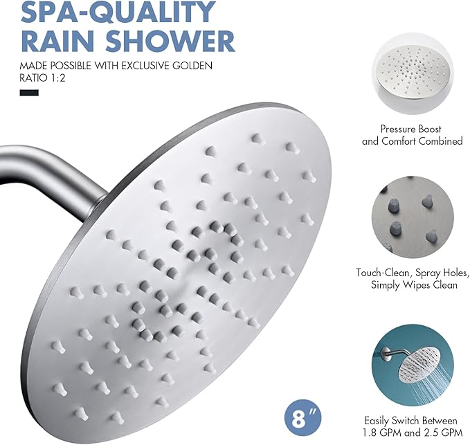 Rainfall Shower Head, MEDIOMI Rain Shower Head Set - Ultra-Thin Design High Flow Stainless Steel Large Round Rain Shower Heads with Shower Arm and Flange (8-Inch, Brushed Nickel)