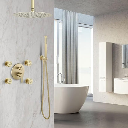 Brushed Gold Round Shower Faucet Set with Body Jets 12 Inch Shower Head Handheld Shower Combo Set High Pressure Ceiling Mount with Rough-in Valve