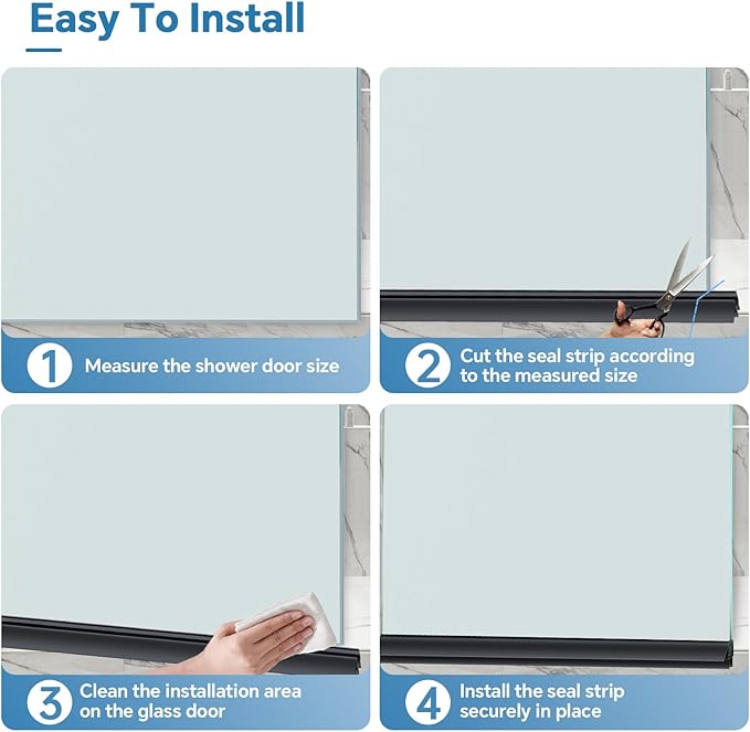 Shower Door Bottom Seal Strip, 2PCS Seal Strip, Clear PVC, 36" Length, Fits 10mm Thick Glass, Prevents Leaks, Easy Installation, No Adhesive Required (Black, 36in for 3/8"(10mm))