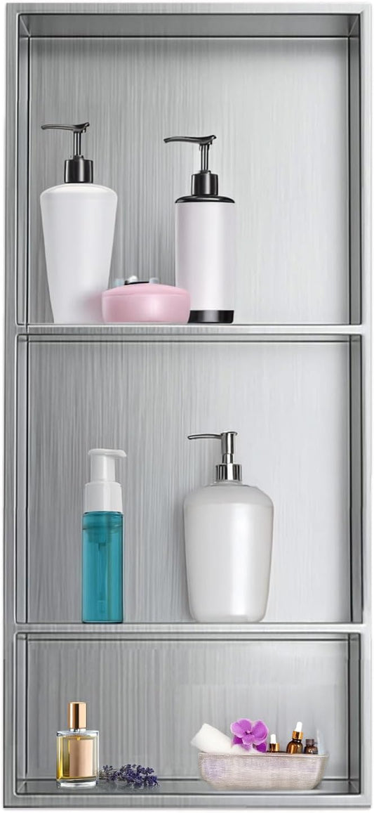 Shower Niche,12 * 30 Stainless Steel Elegant Bathroom Niche, No Tile Needed Recessed Shower Shelf Organizer for Storage,Silver