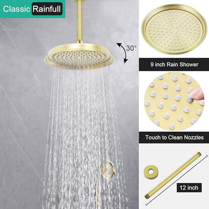 Dual Antique Shower Head System with Tub Spout: 9" Ceiling Mounted Rain & 6" Wall Mount Rainfall, Handheld Spray Vintage Faucet Set, 4 Way Diverter Brass Valve with Trim Kit, Brushed Gold