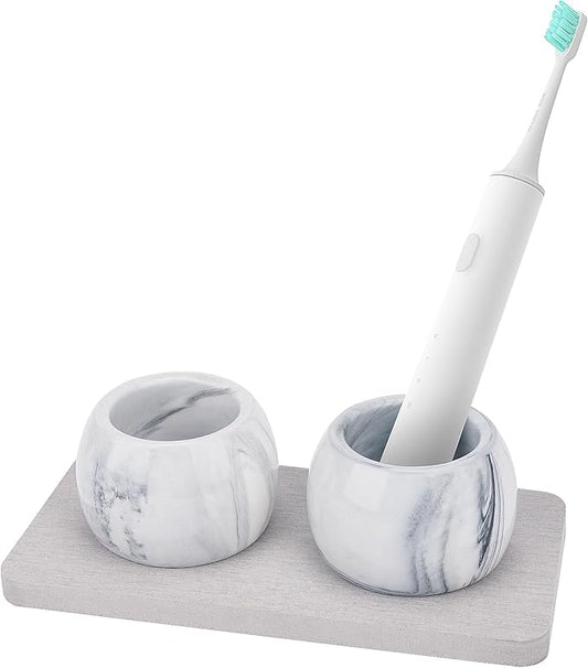 2 Pack Ceramic Toothbrush Holder with Diatomite Toothbrush Tray for Bathroom Shower Countertop Storage Organizer, Small Toothpaste Razor Electric Tooth Brush Head Stand (Grey)