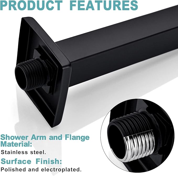 BESTILL 6 Inch Matte Black Ceiling Mount Shower Arm and Flange, Square Rain Shower Arm