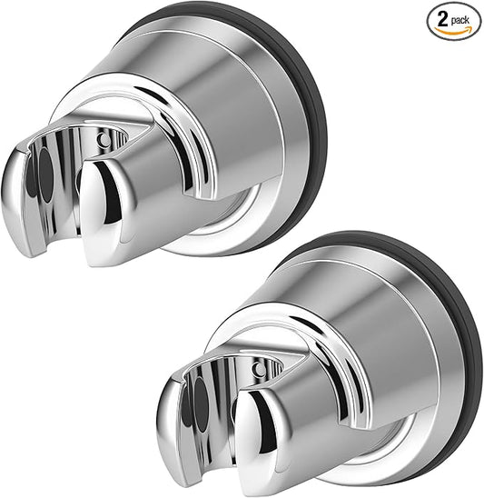 Hibbent 2 Pack Vacuum Suction Cup Shower Head Mount, Removable Shower Head Bracket, Height Adjustable Shower Wand Holder & Wall Mount ABS Plastic Suction Holder for Handheld Showerhead, Chrome