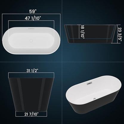 Freestanding Bathtubs 59 Inch Acrylic Free Standing Tub for Modern Bathroom Remodel, Deep Soaking Freestanding Tub with Integrated Overflow & Chrome Drain, Black & White Stand Alone Bathtub