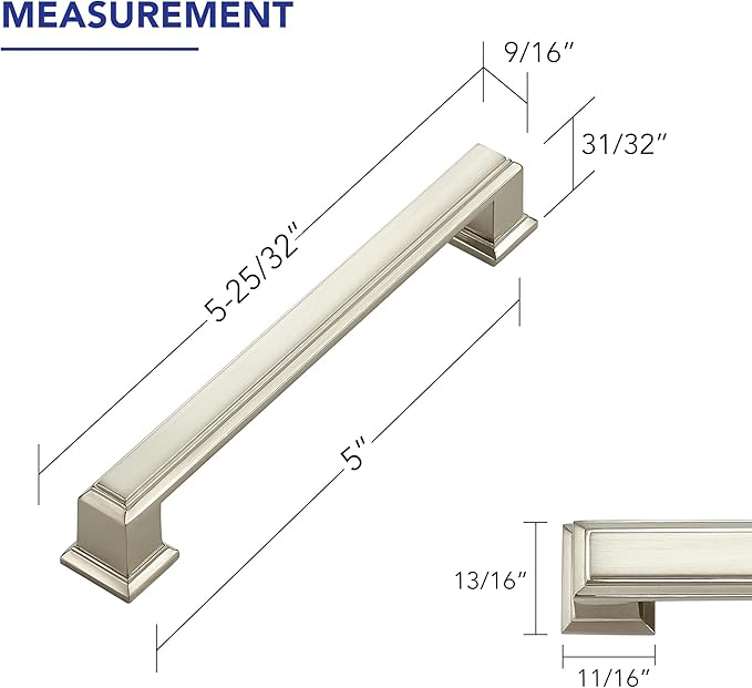 Ravinte Hardware 25 Pack Brushed Nickel Cabinet Pulls, 5 Inch (128mm) Hole Center Zinc Alloy Drawer Handles for Kitchen Cabinets, Cupboards, Dressers, Square Solid Metal Hardware