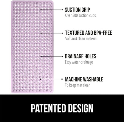 GORILLA GRIP Patented Bath Tub Shower Mat, Machine Washable Bathtub Floor Liner Mats, Suction Cups and Drain Holes to Keep Tubs Clean, Soft on Feet, Bathroom Essentials, 35x16 Inch, Clear Purple