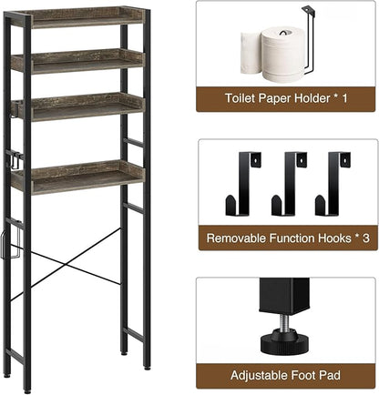 Rolanstar Over The Toilet Storage 4-Tier, Sturdy Bathroom Shelf with Adjustable Shelf, Freestanding Over The Toilet Rack for Bathroom, Behind Toilet Rack, Fix Most Toilet, Space-Saving, Gray