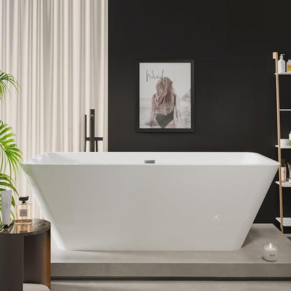 66 Inch Large Acrylic Freestanding Soaking Tub – Modern Bathtub with Ergonomic Backrest, Glossy White Finish, Includes Drain & Overflow, Luxury Stand Alone Tub for Spa-Like Bathrooms