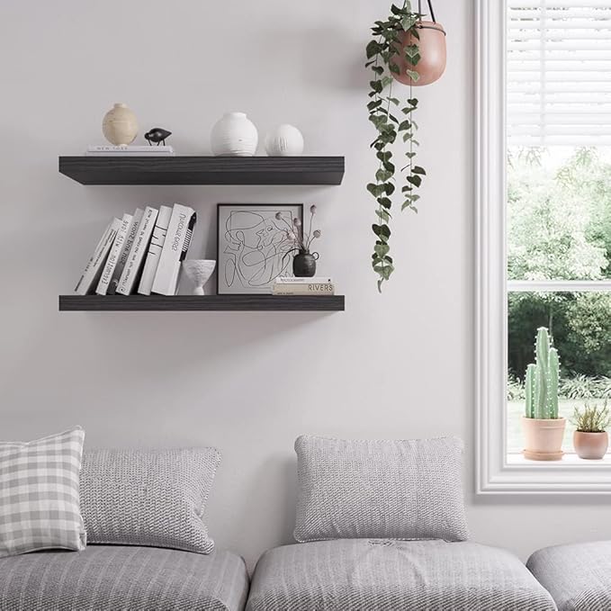 Floating Shelf, Set of 3 Wall Shelf, 24 in W x 12.75 in D x 2 in H Wooden Floating Wall Shelf with Invisible Brackets for Living Room/Bedroom/Bathroom/Kitchen Storage and Decor, Black Wood