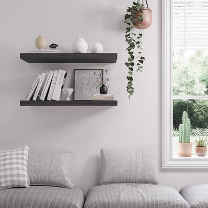 Floating Shelf, Set of 3 Wall Shelf, 24 in W x 12.75 in D x 2 in H Wooden Floating Wall Shelf with Invisible Brackets for Living Room/Bedroom/Bathroom/Kitchen Storage and Decor, Black Wood