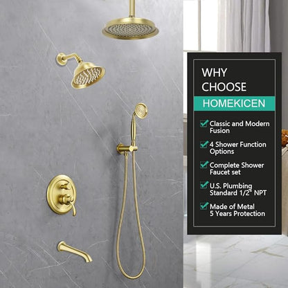 Dual Antique Shower Head System with Tub Spout: 9" Ceiling Mounted Rain & 6" Wall Mount Rainfall, Handheld Spray Vintage Faucet Set, 4 Way Diverter Brass Valve with Trim Kit, Brushed Gold