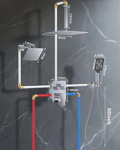 Shower System with Pressure Balance Valve, 12" Ceiling Mount Shower Faucet Set with 2 Rain Shower Head And Multi-function Handheld Head Push Button Diverter Pressure Balancing Valve Kit,Chrome