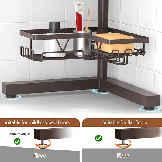 KEGII Floor Corner Shower Caddy Standing, Rustproof 4-Tier Shower Shelf Organizer with Hooks & Soap Holder, Free-Standing Bathroom Storage Rack for Shampoo & Toiletries, Bronze