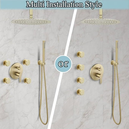 Brushed Gold Round Shower Faucet Set with Body Jets 12 Inch Shower Head Handheld Shower Combo Set High Pressure Ceiling Mount with Rough-in Valve