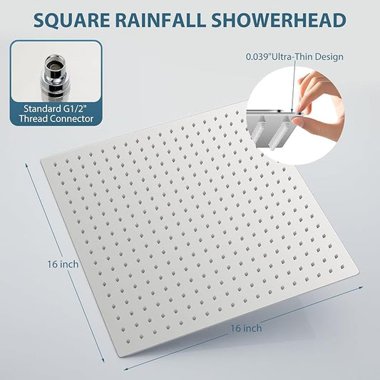 16inch Rainfall Shower Head, Ultra Thin 304 Stainless Steel High Flow Square Rainfall Showerhead, Waterfall Full Body Coverage, Universal Ceiling or Wall Mount, Chrome