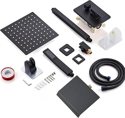 10 Inch Shower Faucet Set, Ceiling Mounted Rainfall Shower System with High Pressure Handheld Shower Head, Bathroom Mixer Shower Set Rough-in Valve and Trim Kit, Matte Black, with Tub Spout