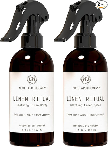 Muse Apothecary Linen Ritual - Aromatic, Soothing, and Relaxing Linen Mist, Laundry and Fabric Spray - Infused with Aromatherapy Essential Oils - 4 oz, Tonka Bean + Amber + Warm Cedarwood, 2 Pack
