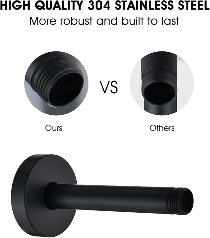 6 Inch Shower Arm with Flange and Stabilizer Bracket, Ceiling Mount Replacement Rain Shower Head 304 Stainless Steel Straight Arm For Fixed Shower Head, Matte Black