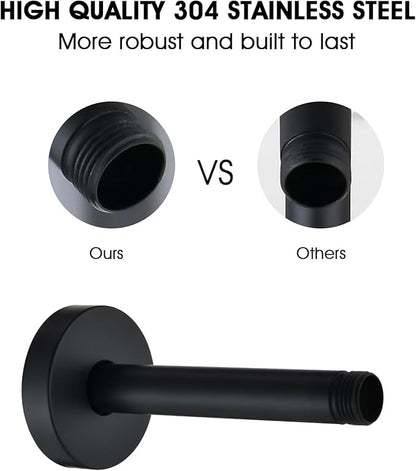 6 Inch Shower Arm with Flange and Stabilizer Bracket, Ceiling Mount Replacement Rain Shower Head 304 Stainless Steel Straight Arm For Fixed Shower Head, Matte Black