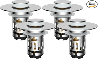 Hibbent 4 Pack Upgraded 3 in 1 Bathroom Sink Drain Strainer, Universal Pop Up Stopper with Removable Stainless Steel Filter Basket Hair Catcher, Sink Plug for 1.1''~2.36'' Basin, Brass Core, Chrome