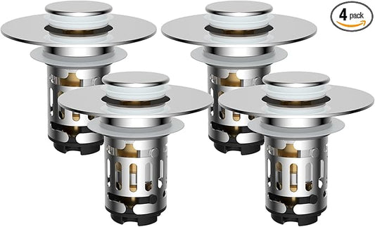 Hibbent 4 Pack Upgraded 3 in 1 Bathroom Sink Drain Strainer, Universal Pop Up Stopper with Removable Stainless Steel Filter Basket Hair Catcher, Sink Plug for 1.1''~2.36'' Basin, Brass Core, Chrome