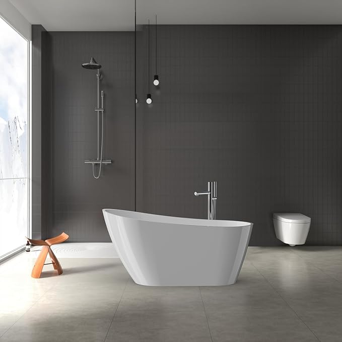 59" Acrylic Soaking Bathtub, Deep Modern Tub with Non-Slip Base, CUPC Certified, Space-Saving Bath with Chrome Drain and Overflow, Easy Install for Small Bathrooms, White