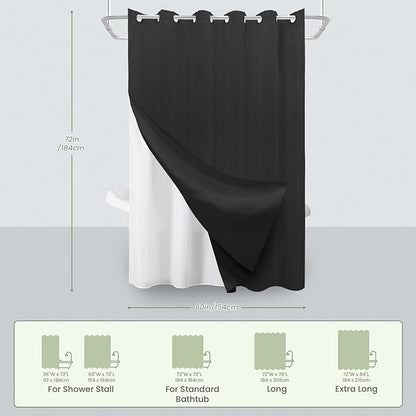 Inhousolu No Hook Waffle Weave Shower Curtain with Removable Snap in Fabric Liner Set for Bathroom, 230 GSM Heavy Duty Weighted Hem, Water Repellent Washable Bath Curtains, 60 x 72 Inch, Black