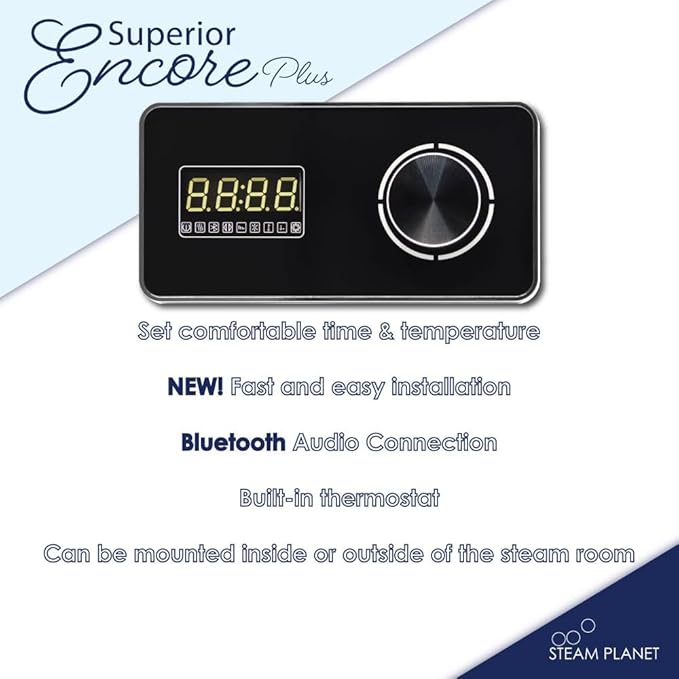 Superior Encore Plus 18kW Steam Shower Generator Kit with Horizontal Black Keypad, Bluetooth Audio, Drip Pan & Color Lights |Self-Draining Steam Bath Generator |One-click Connection Cord|