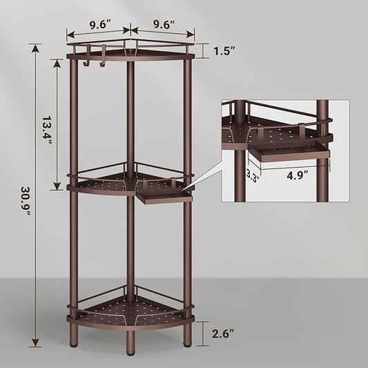 ELYKEN Corner Shower Caddy Standing, 3 Tier Rustproof Metal Shower Organizer with Soap Holder, Floor Shower Corner Shelf Rack Storage Stands with Adjustable Feet & 2 Hooks for Bathroom, Bronze