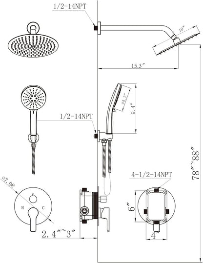 Shower Faucet Set 10IN Brass Rough-In Valve Body Trim Kit Rainfall Included Handle Accessories Complete 2 Functions with Rain Head and Handheld Bathroom Systems (10'', Chrome Polished)